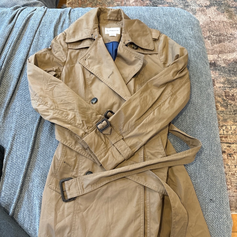 Minimalist Club Monaco Classic Tan Trench Coat Belted Double Breasted Size S